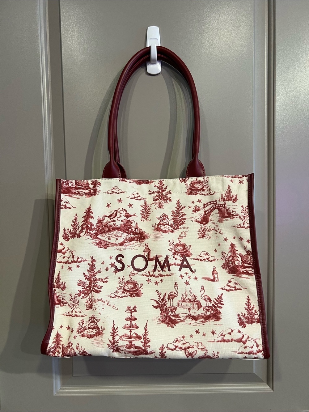 Soma Cream and Burgundy Toile Canvas Large Shoulder Bag Tote